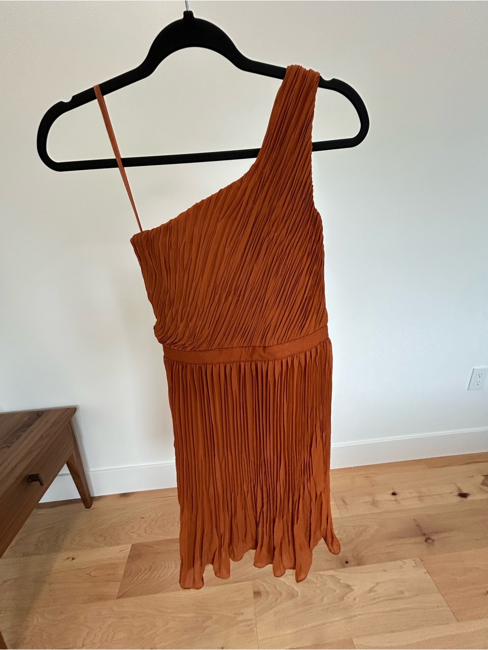 Club Monaco One-Shoulder Pleated Dress in Rust